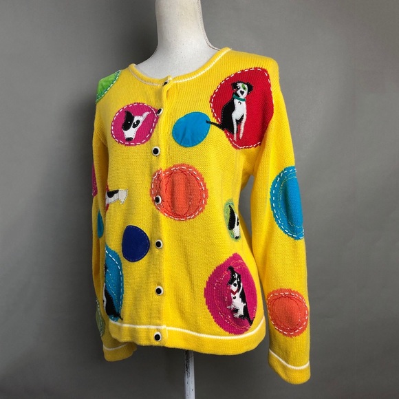 Vintage Sweaters - Vintage Y2K Cardigan Bright Yellow Dog Sweater